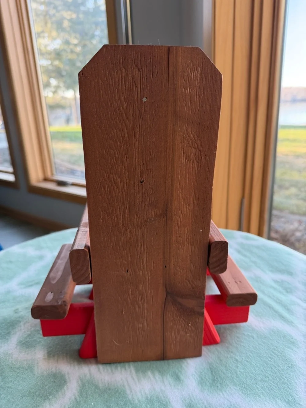 NEW bird feeder handmade wooden picnic bench style- Natural Brown & Orange Red